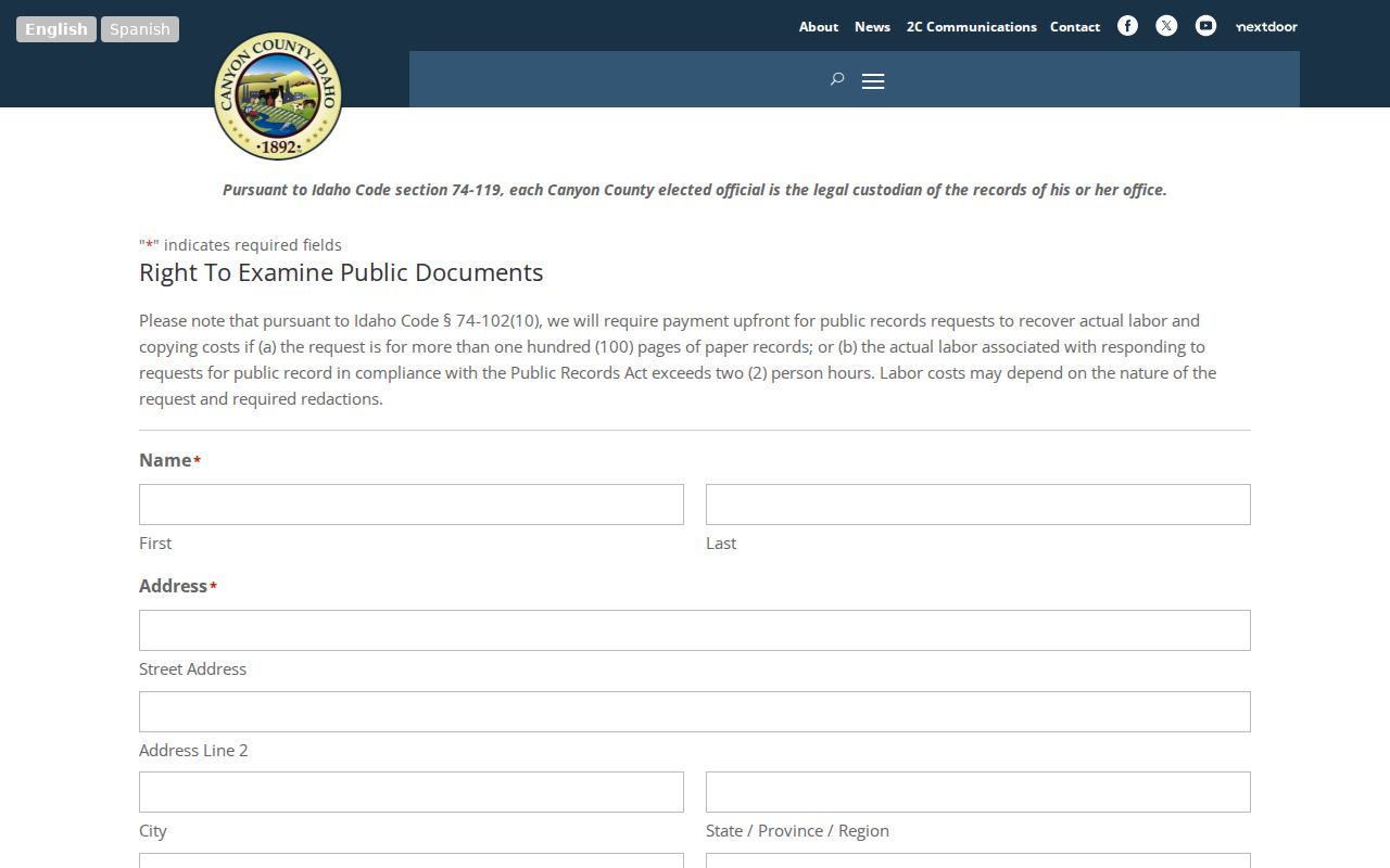 Canyon County public records request form for Caldwell records not online